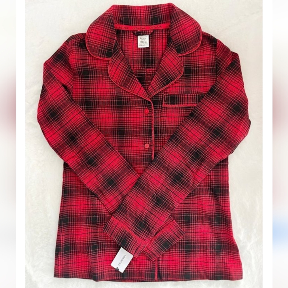 New Calvin Klein flannel long-sleeve plaid pajama top Size S
